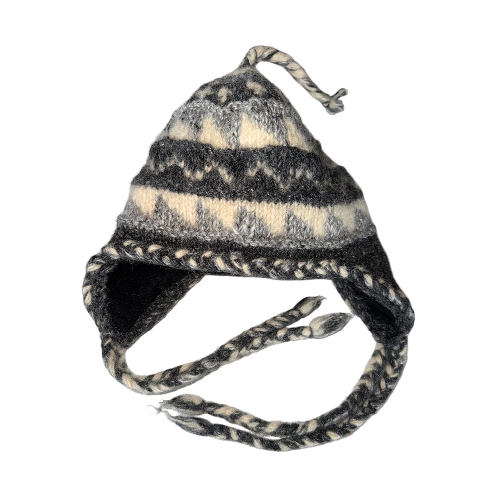 100% Wool Chullo Earflap Hat Black Grey Fair Isle Knit Nepal Boho Nordic Skiing